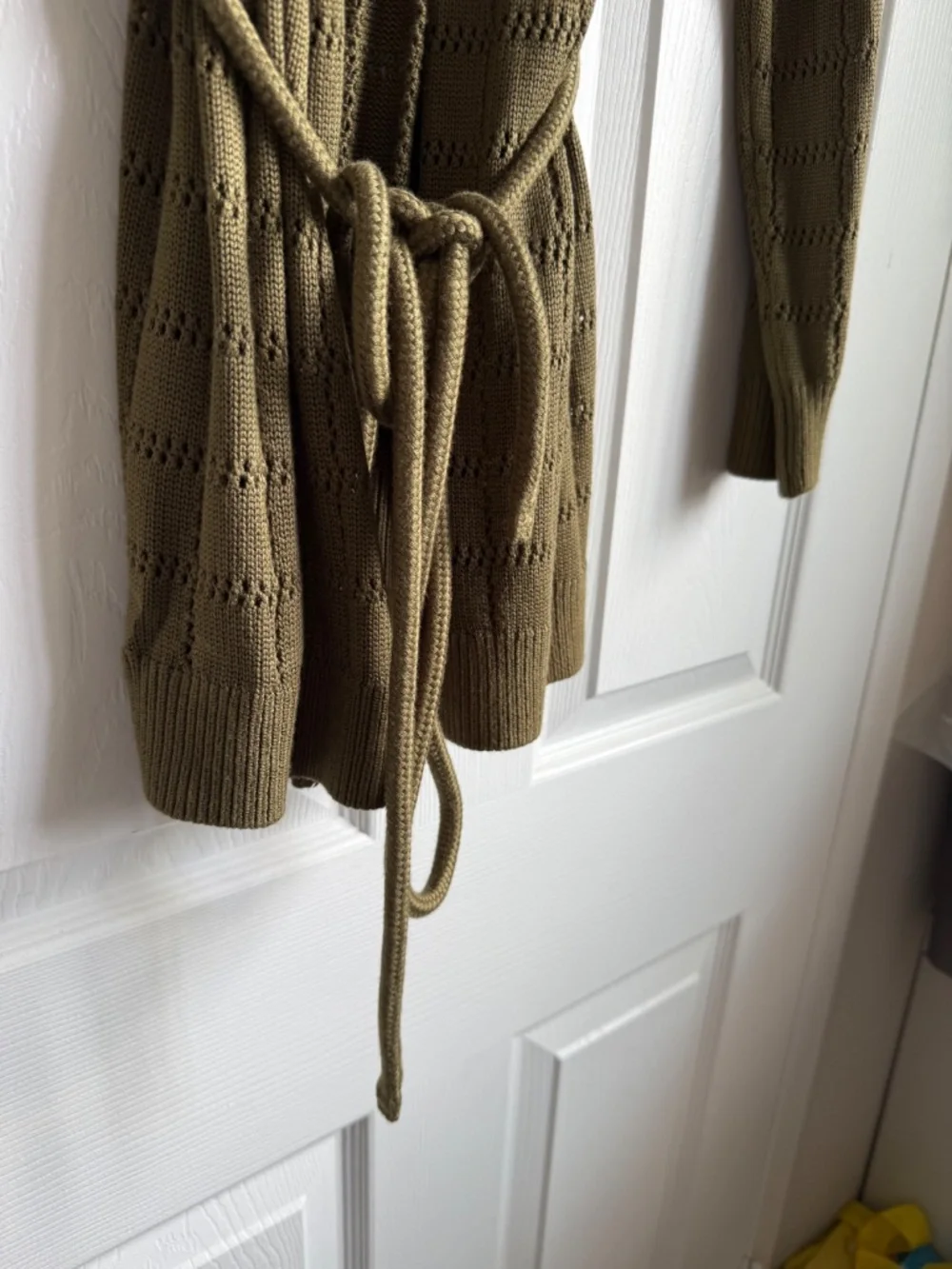 Future Collective Olive Green Pointelle Knit Belted Cardigan Sweater Size S